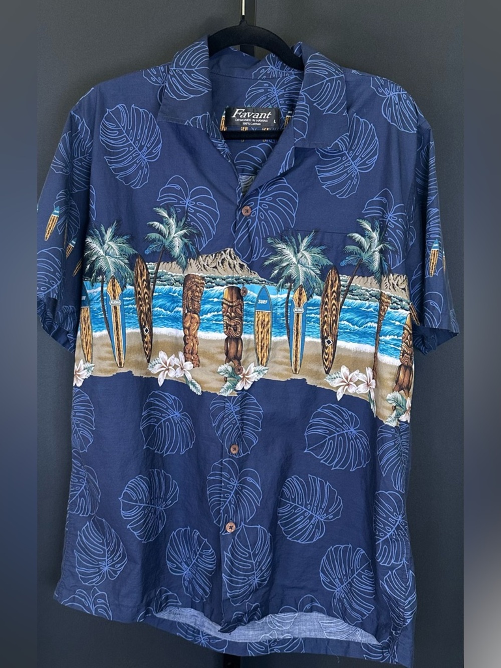 #162- Favant Men’s Navy Hawaiian Surf-Print Button Down Shirt